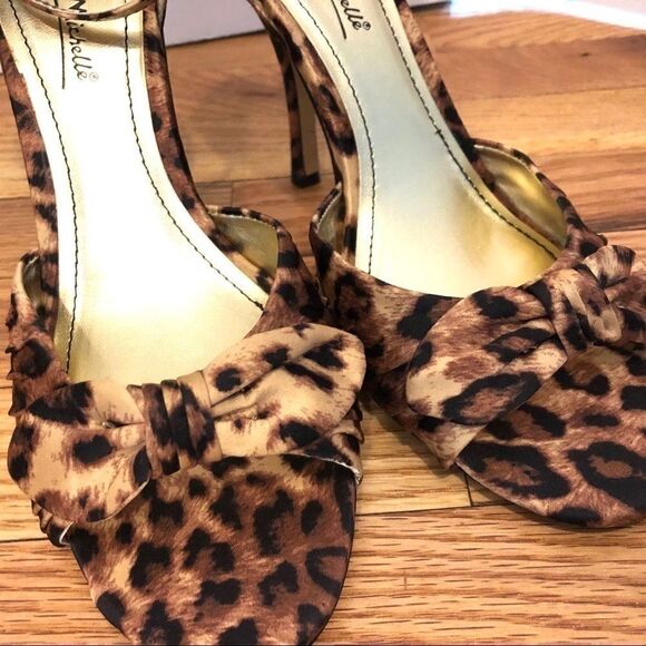 Leopard cheetah print sandal heels shoes NEW satin brown gold tan black 7.5 NIB - Picture 9 of 13